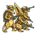 kangaroo, Dino and emu wearing army helmet holding guns while marching like war soldiers  tattoo design idea