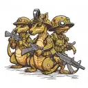kangaroo, Dino and emu wearing army helmet holding guns while marching like war soldiers  tattoo design idea