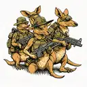 kangaroo, Dino and emu wearing army helmet holding guns while marching like war soldiers  tattoo design idea