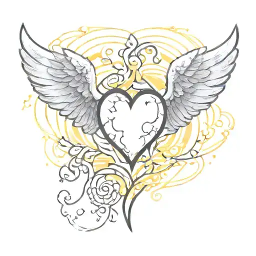 yellow heart with angel wings flying tattoo design idea