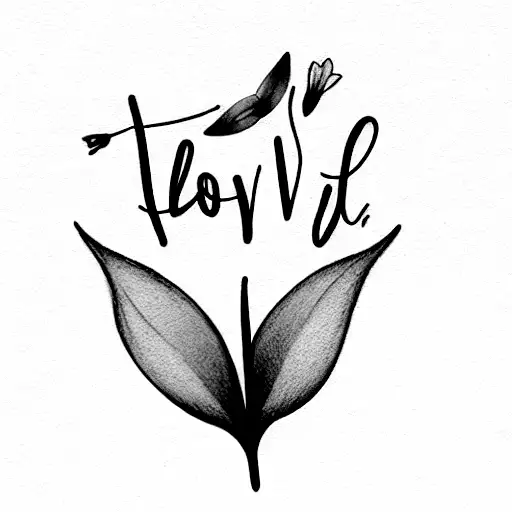 Color tattoo, mostly light purple, with a tree with leaves blowing in the wind and lillies. "Love you" handwritten text  tattoo design idea