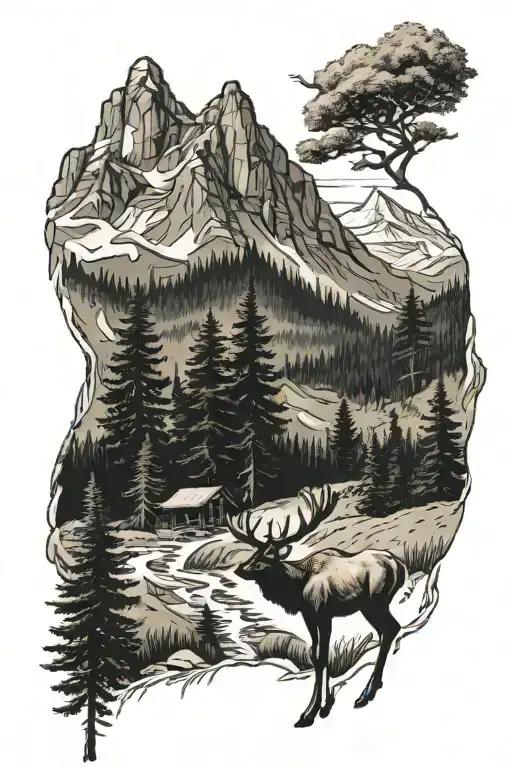 hiking trail, mountain range, trees, elk tattoo design idea