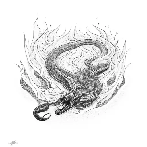 a burning curtain with a melting cobra tattoo design idea