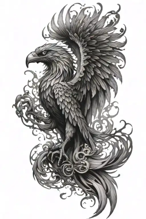 unique, amazing tattoo design on upper arm, mystical & intricate, black and white, 1 pheonix rising from big ashes gripp tattoo design idea