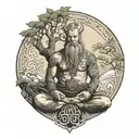 viking warrior meditates in front of the Buddhist tree of life  tattoo design idea