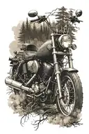 A Harley-Davidson motorcycle drives on endless forest and mountain roads  tattoo design idea