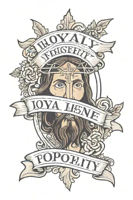 arm sleeve with words loyalty, courage, prosperity, faith, and honor with image of Jesus and a cross tattoo design idea