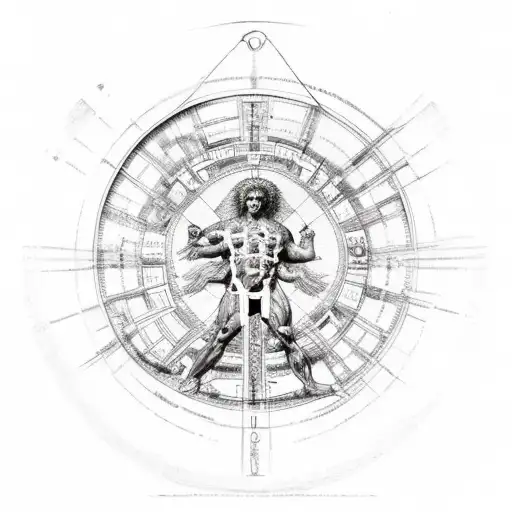 The phrase "veni vidi vici" between roman columns with the vitruvian man in the background tattoo design idea