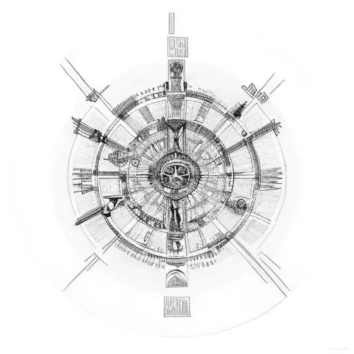 The phrase "veni vidi vici" between roman columns with the vitruvian man in the background tattoo design idea