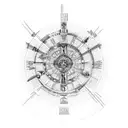 The phrase "veni vidi vici" between roman columns with the vitruvian man in the background tattoo design idea