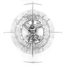 The phrase "veni vidi vici" between roman columns with the vitruvian man in the background tattoo design idea