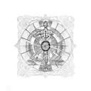 The phrase "veni vidi vici" between roman columns with the vitruvian man in the background tattoo design idea