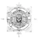 The phrase "veni vidi vici" between roman columns with the vitruvian man in the background tattoo design idea