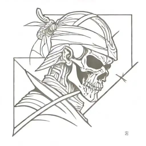 minimalist samurai skeleton cuts off the head of a living samurai tattoo design idea