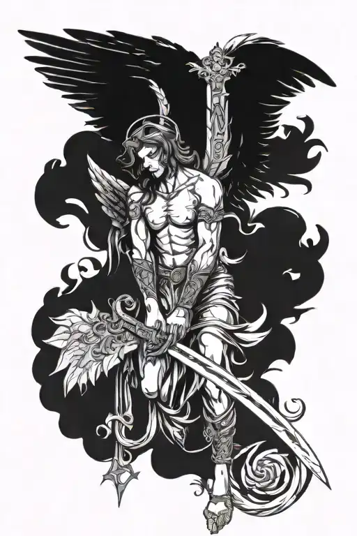 angel with sword in hands, right wing  is covered with feathers, and the left is demonic tattoo design idea
