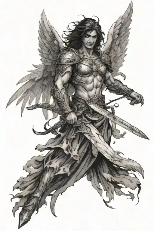 angel with sword in hands, right wing  is covered with feathers, and the left is demonic tattoo design idea