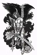 angel with sword in hands, right wing  is covered with feathers, and the left is demonic tattoo design idea