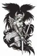 angel with sword in hands, right wing  is covered with feathers, and the left is demonic tattoo design idea