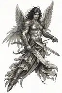 angel with sword in hands, right wing  is covered with feathers, and the left is demonic tattoo design idea