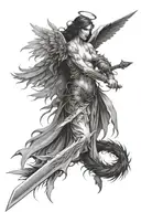 angel with sword in hands, right wing  is covered with feathers, and the left is demonic tattoo design idea