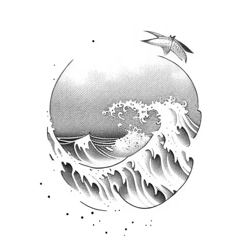 Wave crashing against a surfboard tattoo design idea