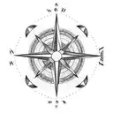 A compass rose with surfboard icons pointing in different directions tattoo design idea