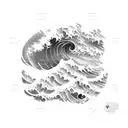 Wave crashing against a surfboard tattoo design idea
