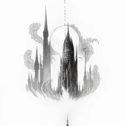 the Dark Tower from the book of Stephen King, drowned as a sketch for a tattoo sleeve, black and white tattoo design idea
