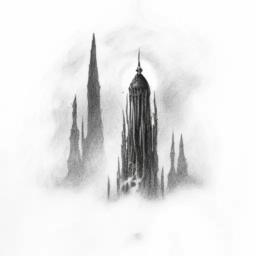 the Dark Tower from the book of Stephen King, drowned as a sketch for a tattoo sleeve, black and white tattoo design idea