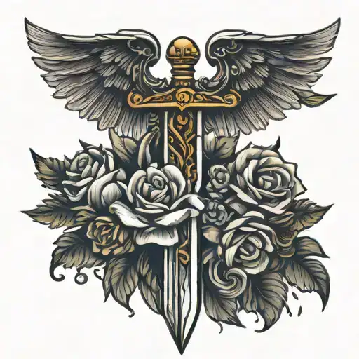 sword with flowers and wings tattoo design idea