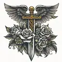 sword with flowers and wings tattoo design idea