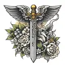 sword with flowers and wings tattoo design idea