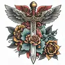 sword with flowers and wings tattoo design idea