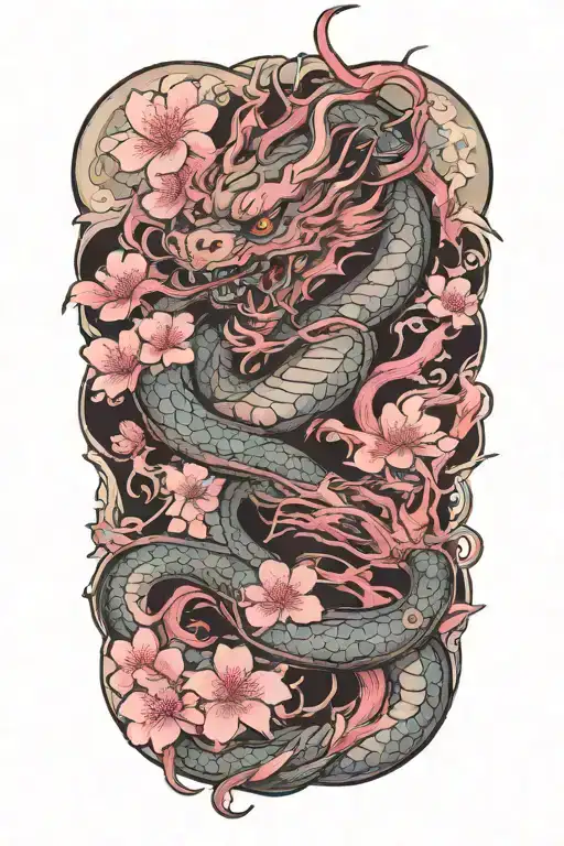 Japanese cherry blossom dragon wrapped tattoo design idea