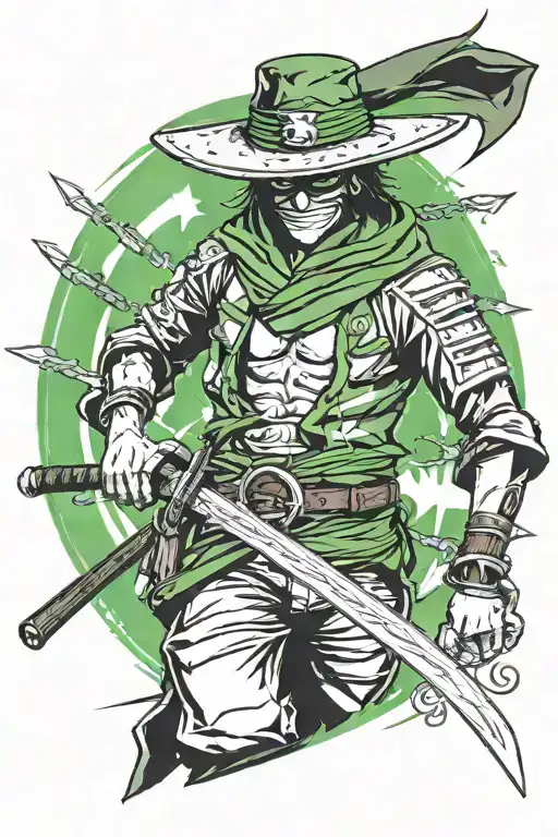Zorro from One Piece with a raccoon face, wearing his signature green bandana and wielding three swords tattoo design idea