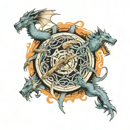wheel of time dragon wrapped, dice, wolves tattoo design idea
