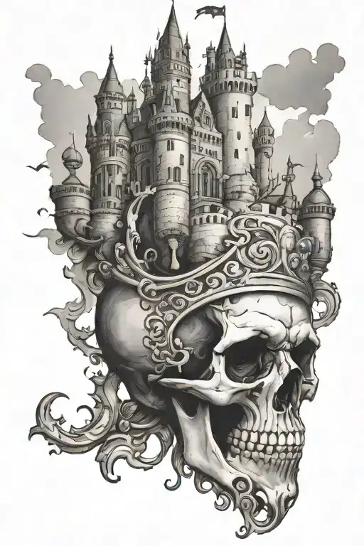 upside down skull under a castle tattoo design idea