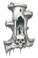 Skull under castle upside down tattoo design idea