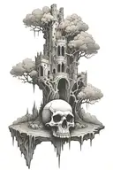 Skull under castle upside down tattoo design idea