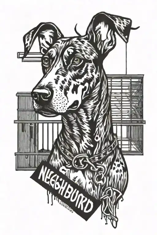 The name of a neighborhood m20 with a boy with a Doberman dog on a leash and with some prison bars tattoo design idea
