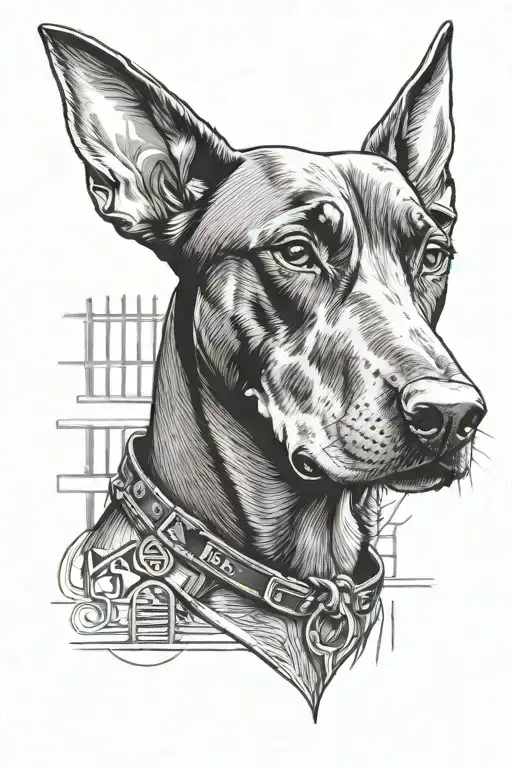 The name of a neighborhood of M20 with a boy with a Doberman dog on a leash and with some prison bars tattoo design idea