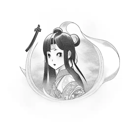 A powerful japanese girl with black hair with a front fringe holding a katana surrounded by Japanese clouds tattoo design idea