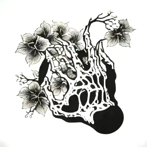 A skeleton hand from which a sakura tree emerges tattoo design idea
