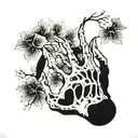 A skeleton hand from which a sakura tree emerges tattoo design idea