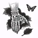 A skeleton hand from which a sakura tree emerges tattoo design idea