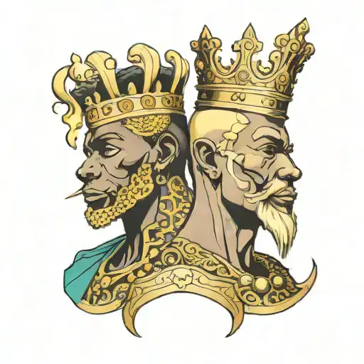 very slim french blonde female and a muscular big african king males with crown tattoo design idea
