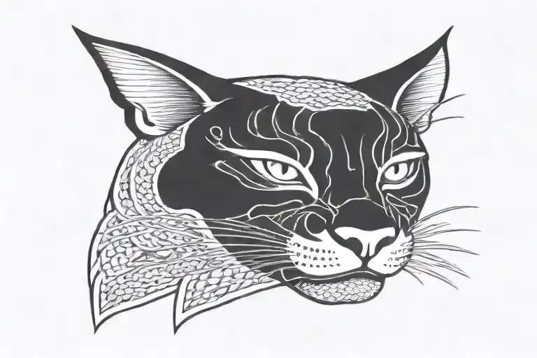 Japanese panther cat mask with a Japanese snake wrapped around and eating its own tail tattoo design idea