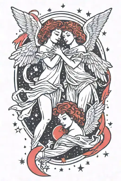 Two angels hugging one red one black, a star with a body falling inside a galaxy inside, and two faces fading away  tattoo design idea
