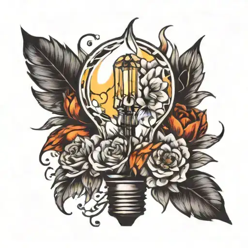 broken light bulb with black and white flowers emerging and turning to color  tattoo design idea