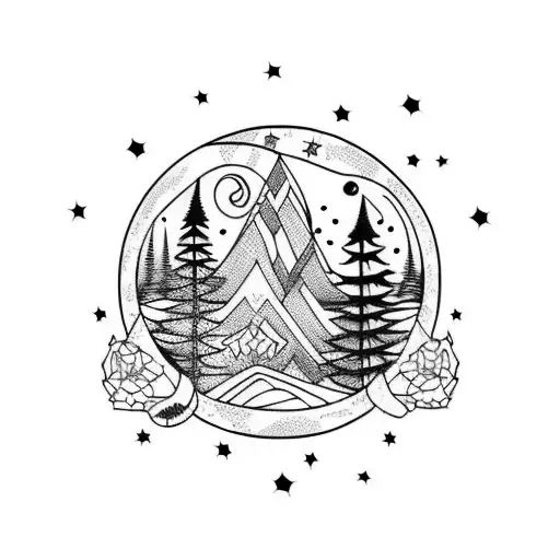 A tattoo depicting a starry night sky, surrounded by towering trees tattoo design idea